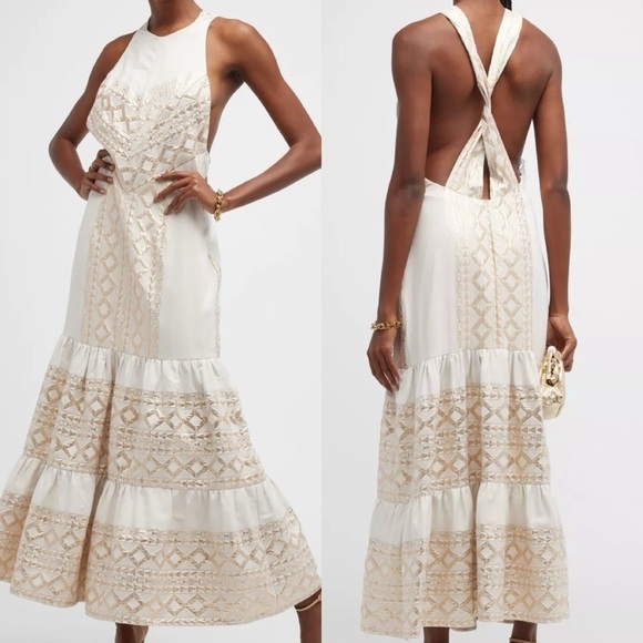 LACE The Label Twist-Back Metallic Gold Geometric Jacquard Maxi Dres XS - Picture 1 of 9